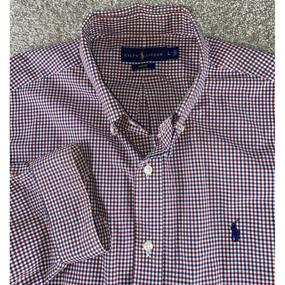 Polo Ralph Lauren Red/Blue Plaid Shirt Slim Fit Cotton Stretch Blue Pony Mens L
